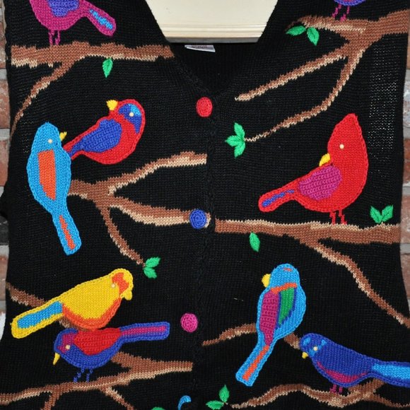 Vtg PBJ Sport BIRDS MultiColor Knit Button-Up Oversize Sweater Sleeveless Vest L - Picture 2 of 9